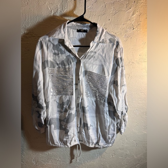 Women's White Gray Camo Sequins Button Down Shirt L made in Italy streetwear Y2K - Picture 1 of 10